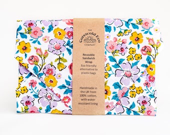 Reusable 100% Cotton Sandwich Wraps - Washable | Kids | Waterproof Lining | Floral