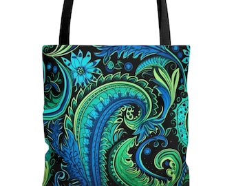 Paisley Tote Bag, Green and Blue Tote, Grocery Bag, Daily Essentials Tote, Paisley Print