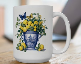 Lemon and Butterfly Ceramic Mug Gift For Her, Bridal Party Ideas, Lemon and Butterfly, Breakfast Mug Present, Floral Spring Butterfly Mug