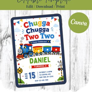 Invitación de cumpleaños Chugga Chugga Two Two, invitación de cumpleaños de tren para segundo cumpleaños, plantilla editable de Canva, invitación imprimible para fiesta de tren para niño