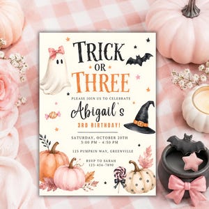 Trick or Three 3rd Birthday Invitation, Pink Halloween Party, Ghost Pumpkin Invite, Editable Canva Template