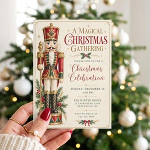 Nutcracker Christmas Invitation, Christmas Party Invite, Editable Canva Holiday Gathering Template