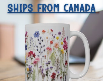 Pressed Wildflower Mug, Colorful Mug, Garden-Inspired Mug, Morning Serenity, Gift for Nature Lovers, Botanical Beauty, SHIPS FROM CANADA