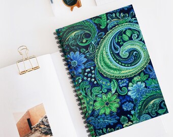 Paisley Print, Journal, Notebook, Spiral Notebook, Scribbles, Blue and Green Journal, Artwork, Bohemian Art