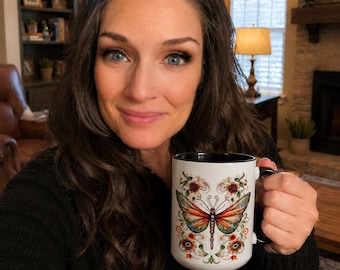 Dragonfly Ceramic Mug, Floral Coffee Cup, Boho Nature Cup, 15oz