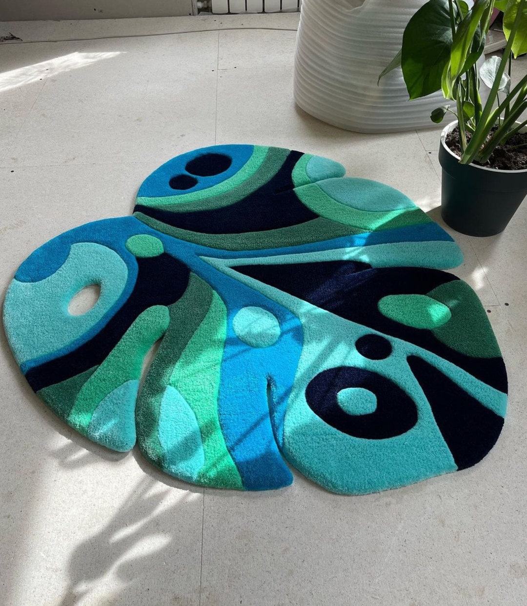 Monstera Mint Tufted Rug Plant Leaf Rug, Hand Leaf Tufted Rug