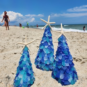 Sea Glass Tree with Lights - Light Blue, Dark Blue and White 15&quot;