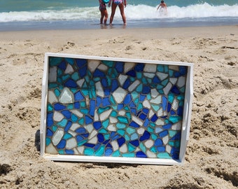 Sea Glass Serving Tray - Light Blue, Dark Blue and White