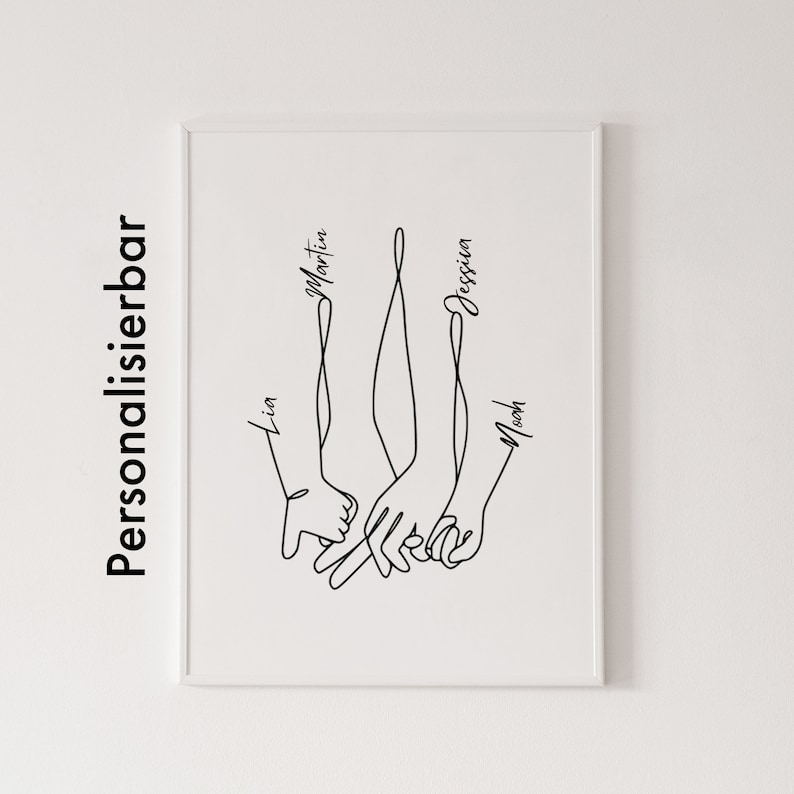 K&ouml;nnte beinhalten: Schwarzwei&szlig;-Linienkunst-Druck von vier H&auml;nden, die sich gegenseitig halten. Die Namen "Lin", "Martin", "Jessica" und "Moosh" stehen neben jeder Hand.