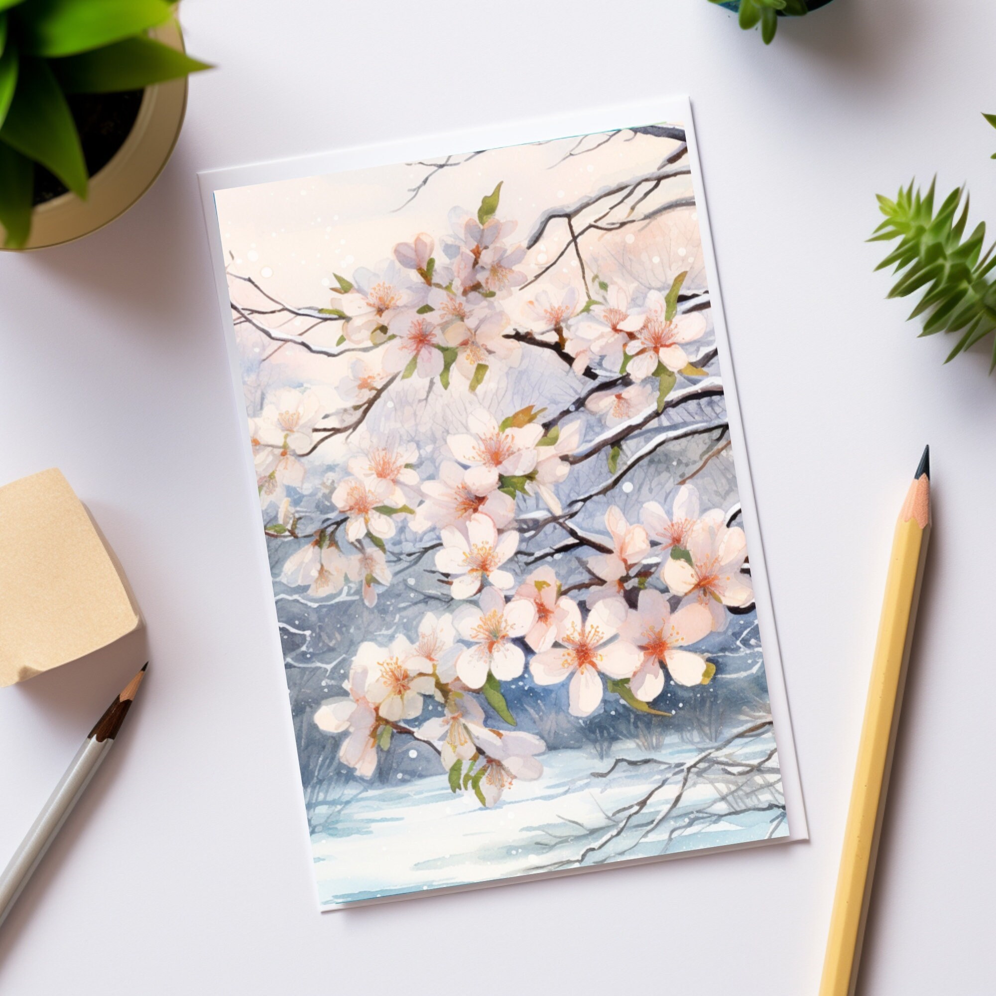 Cherry Blossom Snowy Day Greeting Card Set Greeting Card Blank Card Set ...