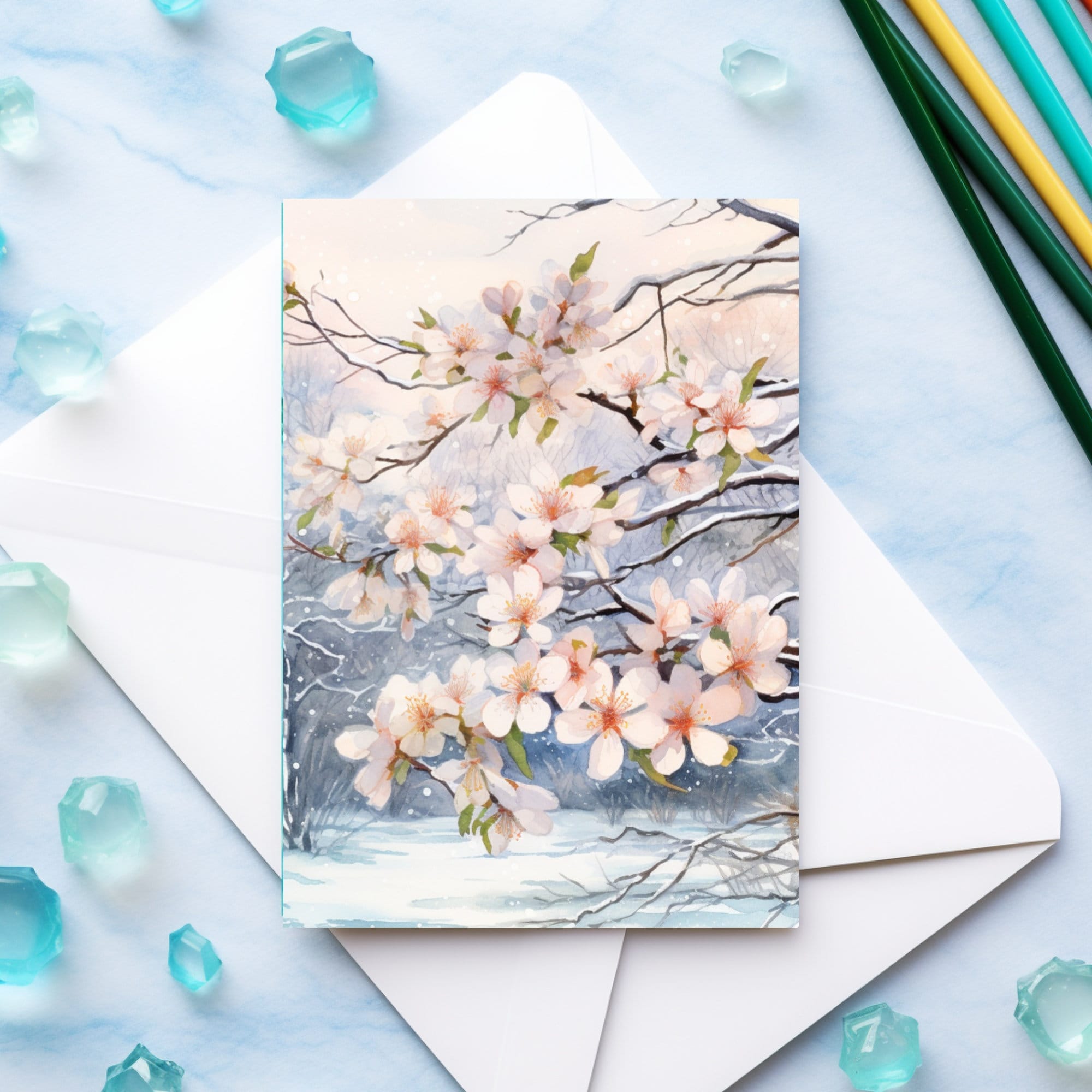 Cherry Blossom Snowy Day Greeting Card Set Greeting Card Blank Card Set ...