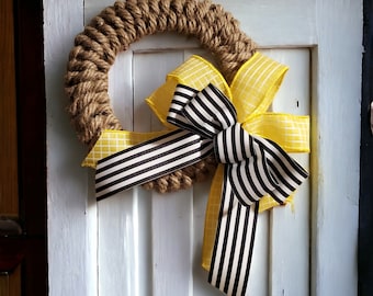 Nautical Jute Rope Wreath Wall Hanging Decorative Rope With Yellow Black Bow Minimalist Design Interior Wall Mini Door Wreath Door Craft