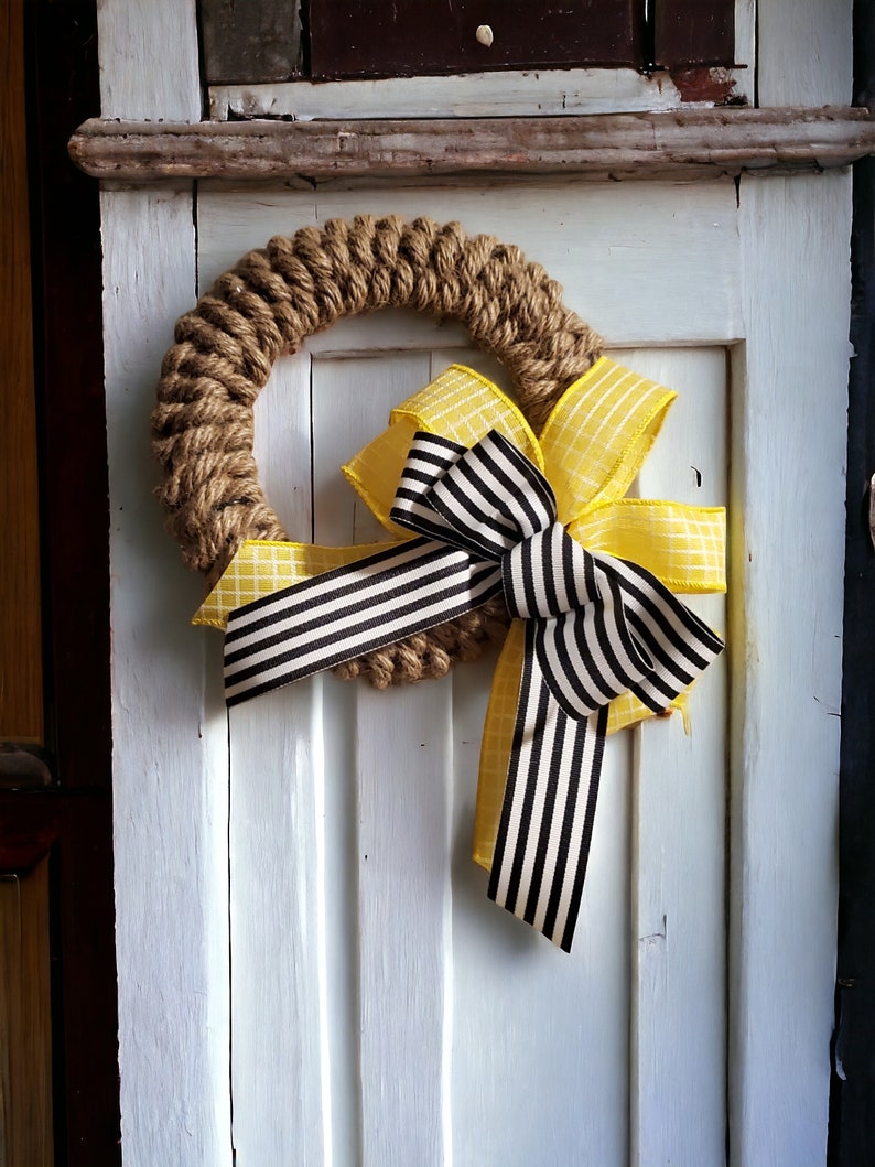 Nautical Jute Rope Wreath Wall Hanging Decorative Rope With Yellow Black Bow Minimalist Design Interior Wall Mini Door Wreath Door Craft image 1