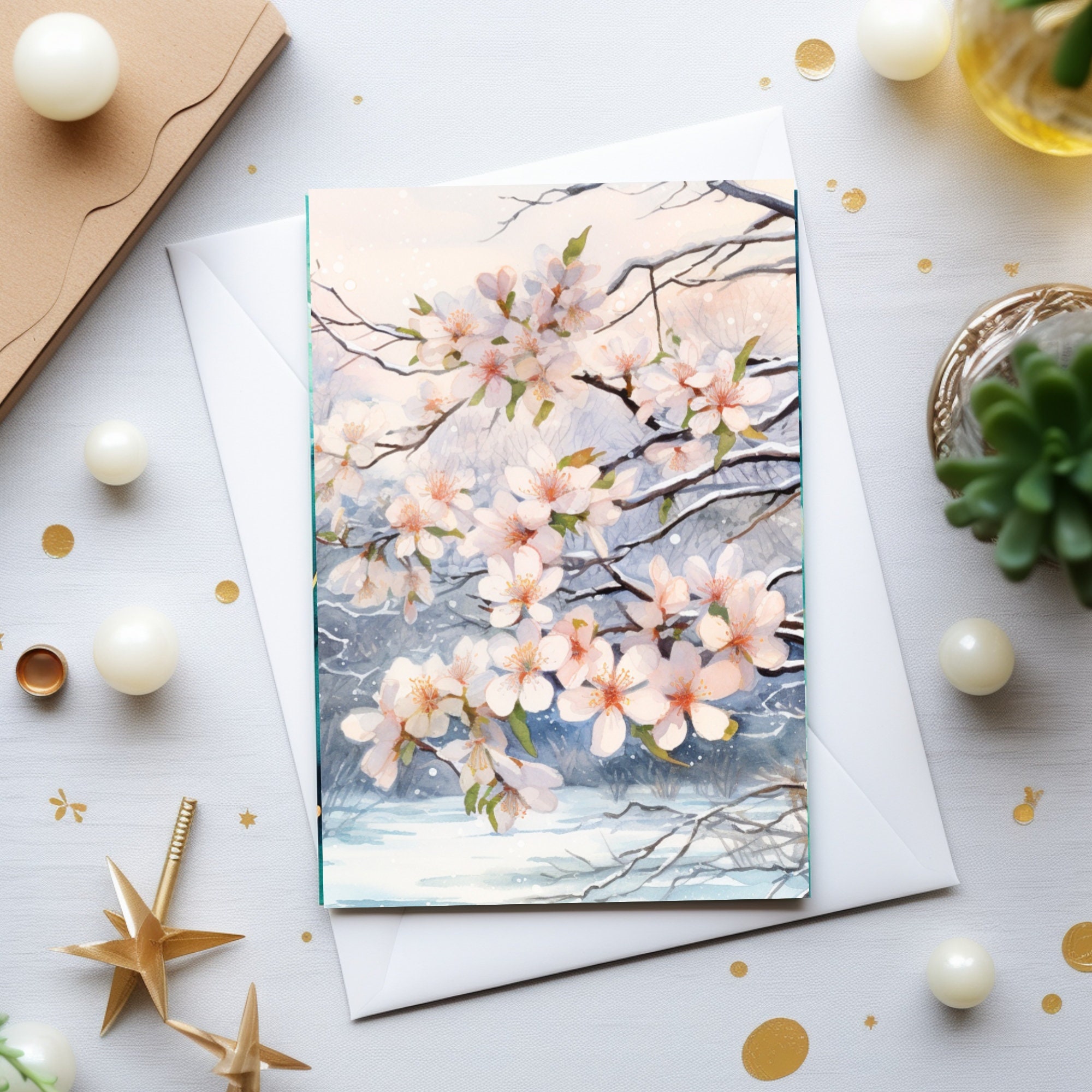Cherry Blossom Snowy Day Greeting Card Set Greeting Card Blank Card Set ...