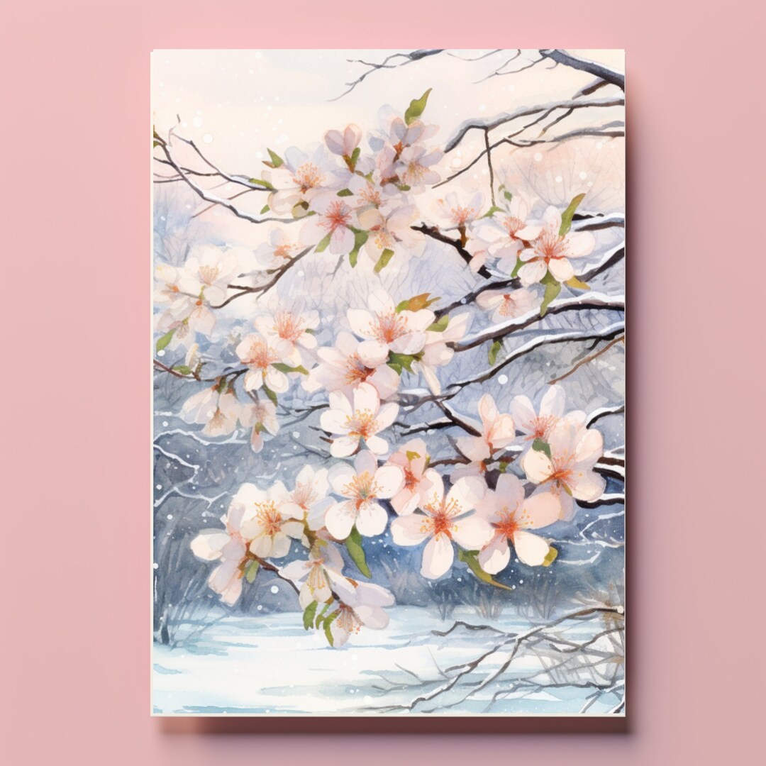Cherry Blossom Snowy Day Greeting Card Set Greeting Card Blank Card Set ...