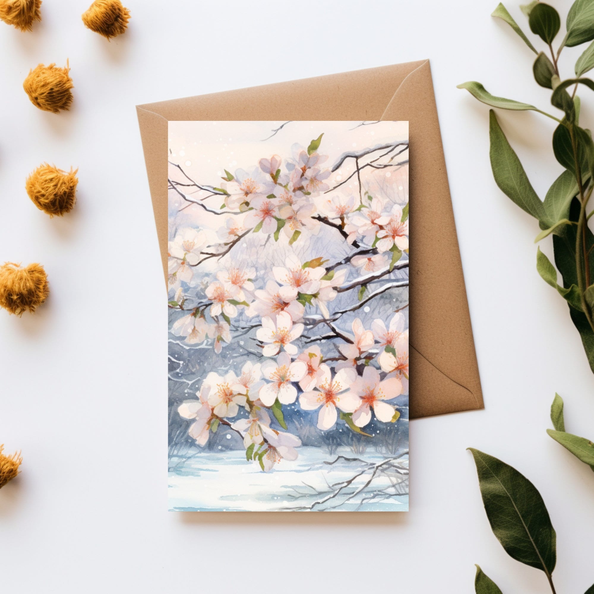 Cherry Blossom Snowy Day Greeting Card Set Greeting Card Blank Card Set ...