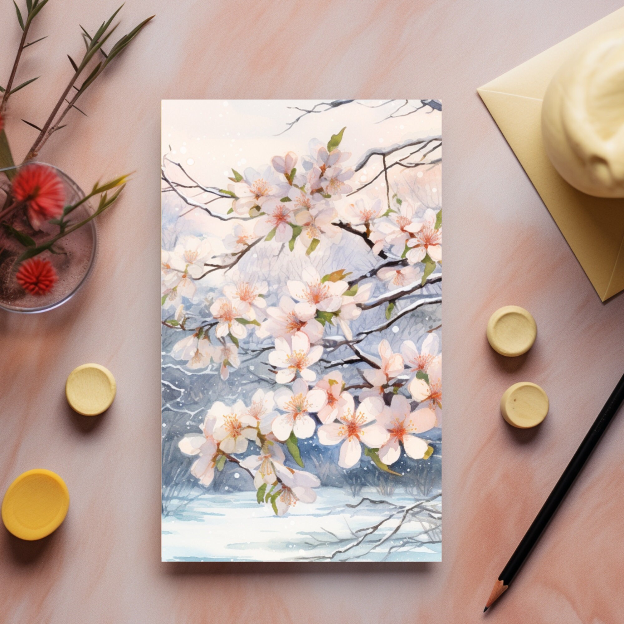 Cherry Blossom Snowy Day Greeting Card Set Greeting Card Blank Card Set ...