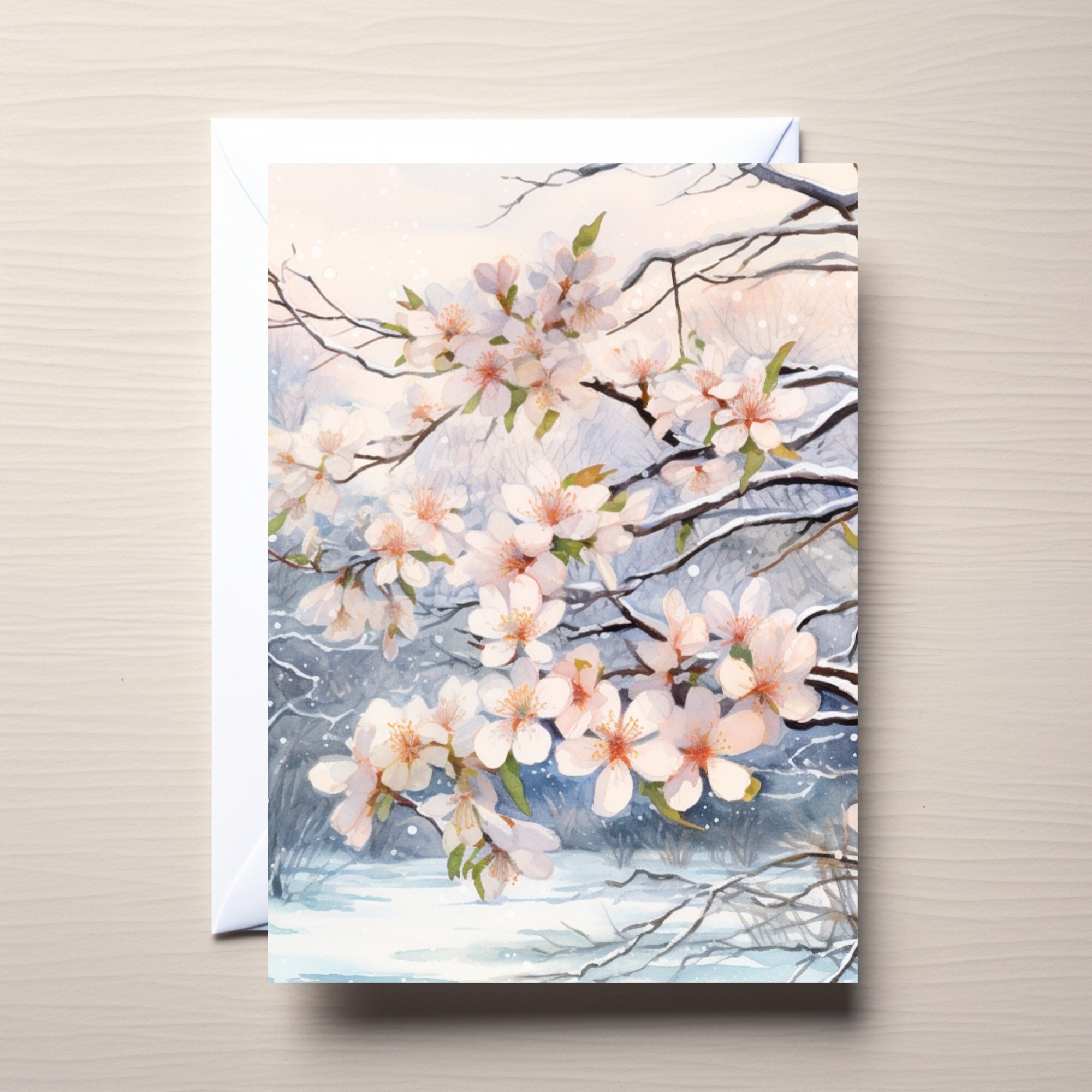 Cherry Blossom Snowy Day Greeting Card Set Greeting Card Blank Card Set ...