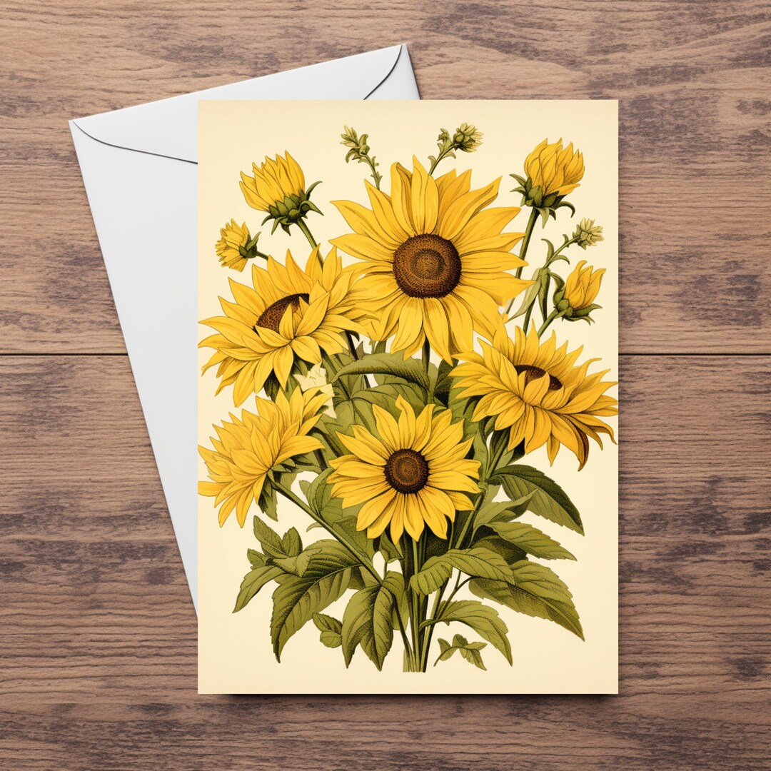 Sunflower Bouquet Greeting Card Set Folded Floral Blank Card Set Nature ...