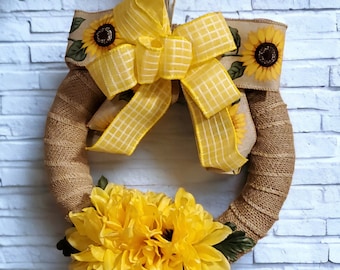 Jute-Sonnenblumen-Kranz-Wandbehang Dekoratives Seil mit Gelb-Sonnenblumen-Bogen-Sommer-Dekor-Design-Innenwand-Mini-Tür-Kranz-Tür-Handwerk