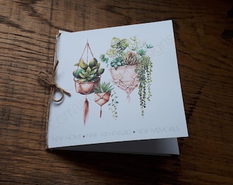 Botanical theme rustic jute twine bow New Home handmade plants in macrame plant hangers card for family, friends colleagues siblings parents