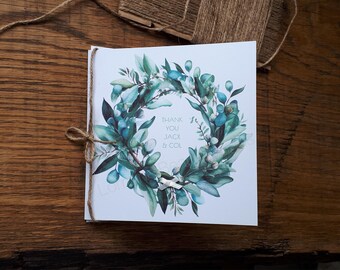 Personalised handmade Thank You card with botanical wreath & rustic twine bow for family friends colleagues parents students teachers tutors