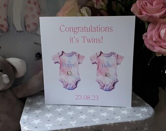 Personalised A6 embellished New Baby card & printed baby vest graphics and Congratulations it's Twins/Triplets! Daughter Son Grandchildren