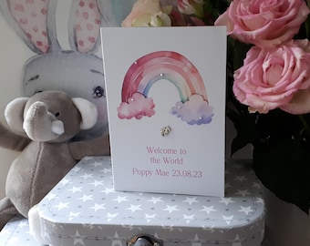Personalised A6 New Baby cute rainbow embellished "Welcome to the World little one" card Daughter Son Niece Nephew Grandchildren