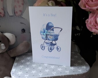 Personalised A6 Embellished New Baby card with printed carry cot graphics and "It's a Girl/Boy, Congratulations!" Daughter Son Grandchildren