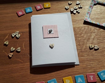 Chic Handmade New Baby Birth Girl Boy card embellished with cute mini metal feet and wooden heart. Parents Daughter Son Grandparents Mum Dad