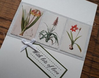 Printed Illustration red flower Birthday card With lots of love for friends, family, Mum, Dad, him, her, Grandparent, or keen gardener!