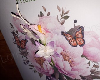 Personalised handmade Birthday Greeting card with flowers in spotty dotty vase, butterflies floral pretty nature. Friend and Family Birthday