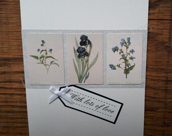 Printed Illustration blue flower Iris Birthday card With lots of love for friends, family, Mum, Dad, him, her, Grandparent, or gardener!
