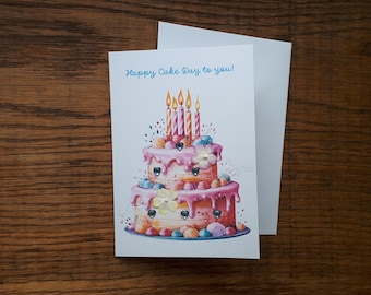 Bright colours embellished Happy Birthday Cake Day handmade personalised A6 card for family friends colleagues siblings parents neighbours