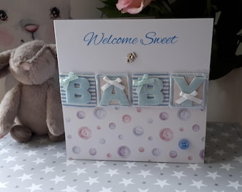 Cute square handmade embellished greeting card "Welcome Sweet Baby" pink or blue button Daughter Son Niece Nephew Grandchildren Girl Boy