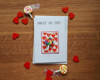 Sweet on you! Fun Handmade Greeting Card Cute Girlfriend Boyfriend Romantic Romance Keepsake Candy Lollipop Lolly Keyring Bag Charm Gift