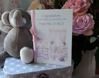 Personalised A6 embellished New Baby card with printed nursery room scene graphics & "Congratulations on the birth of your baby Boy/Girl"