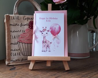 Personalised A6 New Baby Girl Happy First Birthday Handmade Printed Card Cute Pink Blue Giraffe Daughter Son Niece Nephew Grandchild Friend