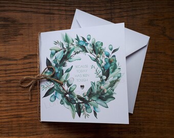 Botanical wreath theme handmade card with rustic twine bow. Thank you, Today has been tough, Thinking of you for family friends colleagues