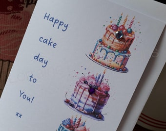 Bright colours Happy cake day to You printed graphics embellished handmade A6 card for family friends colleagues siblings parents neighbours