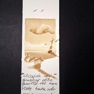 Barca con poesia .segnalibro dipinto col caffe. originale fatto a mano firmato e datato.