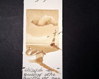 Barca con poesia .segnalibro dipinto col caffe. originale fatto a mano firmato e datato.