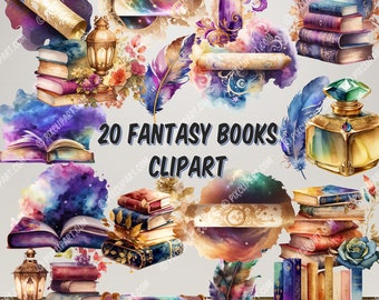 20 Watercolor Fantasy Books Clipart - Galaxy Wizard Book Stacks and Shelves PNG Format - Instant Download for Commercial Use