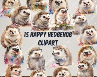 15 Happy Hedgehog Clipart Set - Transparent PNGs - Digital Download - Card Making, Mixed Media, Digital Paper Craft - Watercolor Clipart