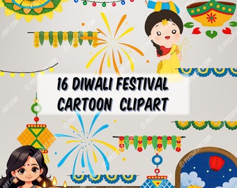 Happy Diwali Festival Cartoon Illustrations Transparent Background PNG Clipart Commercial Use