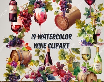 19 Watercolor Wine Clipart - Digital PNG Wine Grapes, Red, and White Wine Celebration Graphics for Instant Download  - Commercial Use
