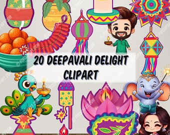 Happy Deepavali Delight - Kawaii Happy Diwali Clipart, Digital Transparent PNG, Line Art, Sticker Print