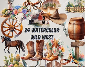 24 Watercolor Wild West Clipart - Western, ranch Transparent PNG format instant download for commercial use