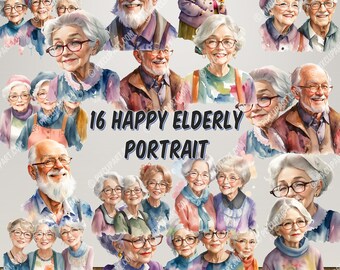 16 Happy Elderly Portrait Clipart Bundle | Love & Friendship | Aged Clipart PNG | Digital Watercolor | Free Commercial Use