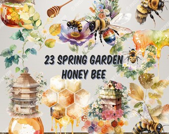 23 Watercolor Spring Garden Bee and Honey Drips Clip Art Collection Transparent PNG Files